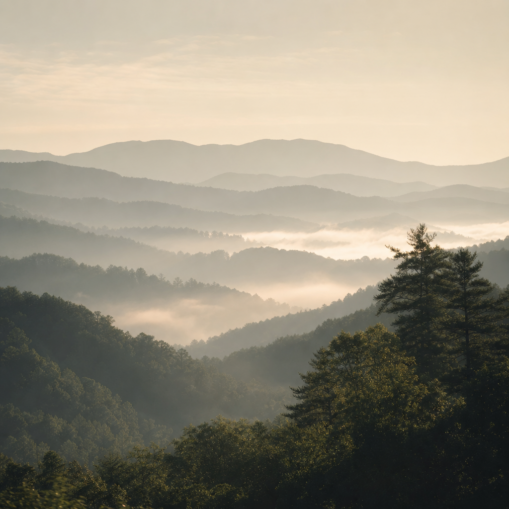 Layered Blue Ridge foothills fading into morning mist